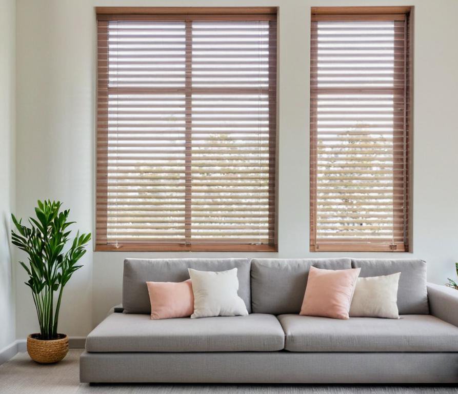 Żaluzje drewniane wprowadzają do wnętrza naturalny akcent, podkreślając elegancję i przytulność pomieszczenia.